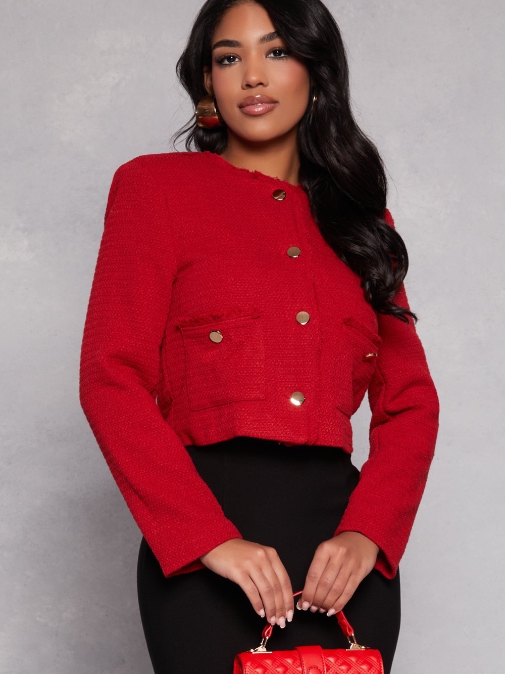 iris Red Textured Cropped Blazer with Gold Buttons